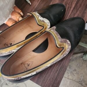 Fluevog Black and Gold Loafers with Elegant Scalloped Trim